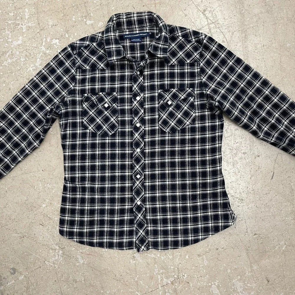 Ralph Lauren Sport Shirt Youth 14 Blue Plaid Flannel Diamond Pearl Snap Western